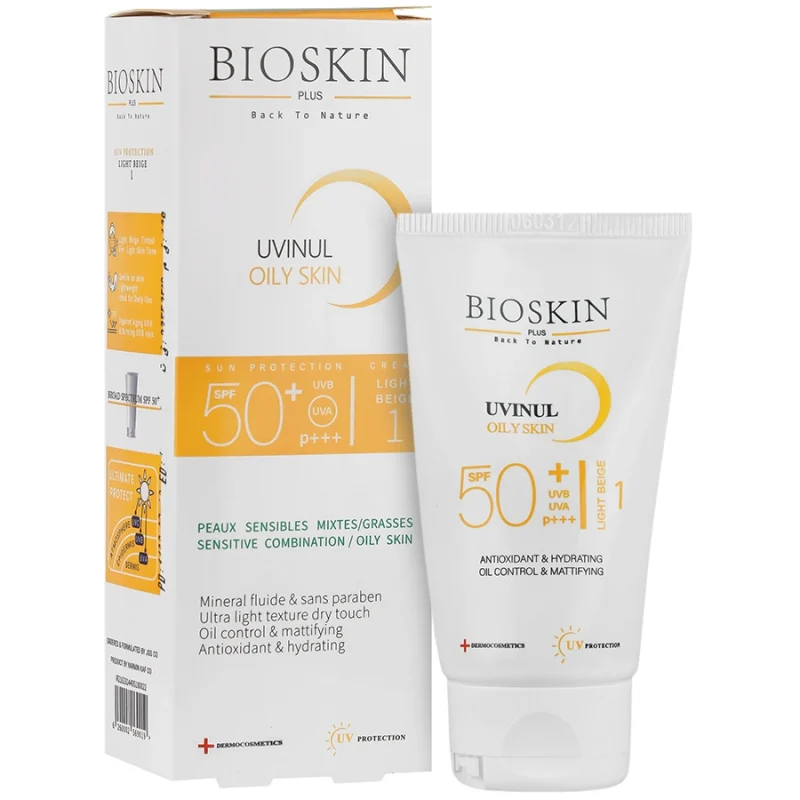 ضد آفتاب بژ روشن بایو اسکین کرم ضد آفتاب بژ روشن SPF50 مناسب پوست چرب و مختلط بایواسکین - تصویر 1